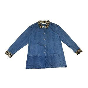 Womens Denim Jacket Animal Print Trim Chore Coat Pockets Western Outdoor MED